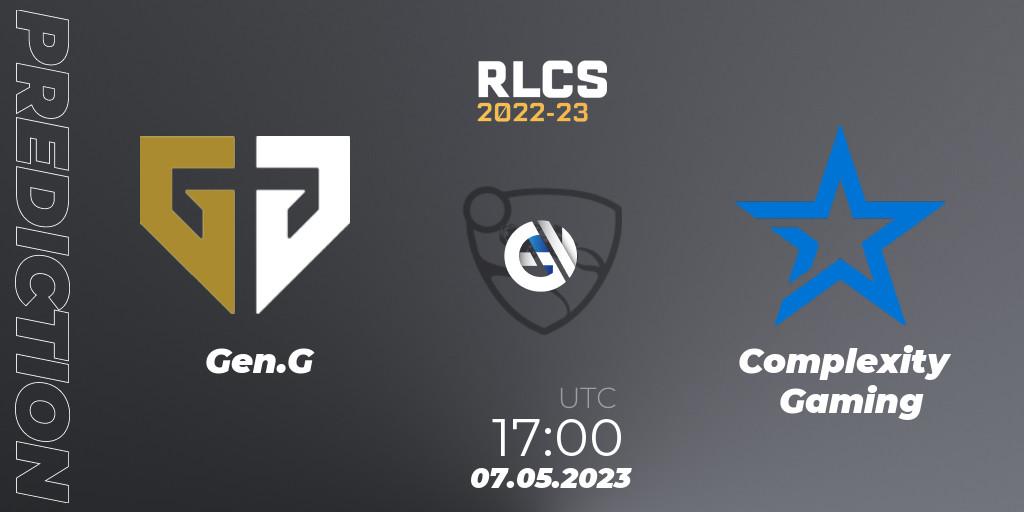 Gen.G - Complexity Gaming: Maç tahminleri. 07.05.2023 at 20:00, Rocket League, RLCS 2022-23 - Spring: North America Regional 1 - Spring Open - Playoffs 