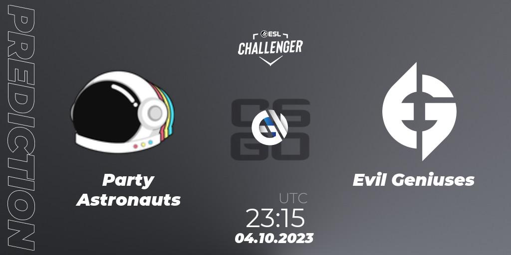 Party Astronauts - Evil Geniuses: Maç tahminleri. 04.10.2023 at 23:15, Counter-Strike (CS2), ESL Challenger at DreamHack Winter 2023: North American Open Qualifier