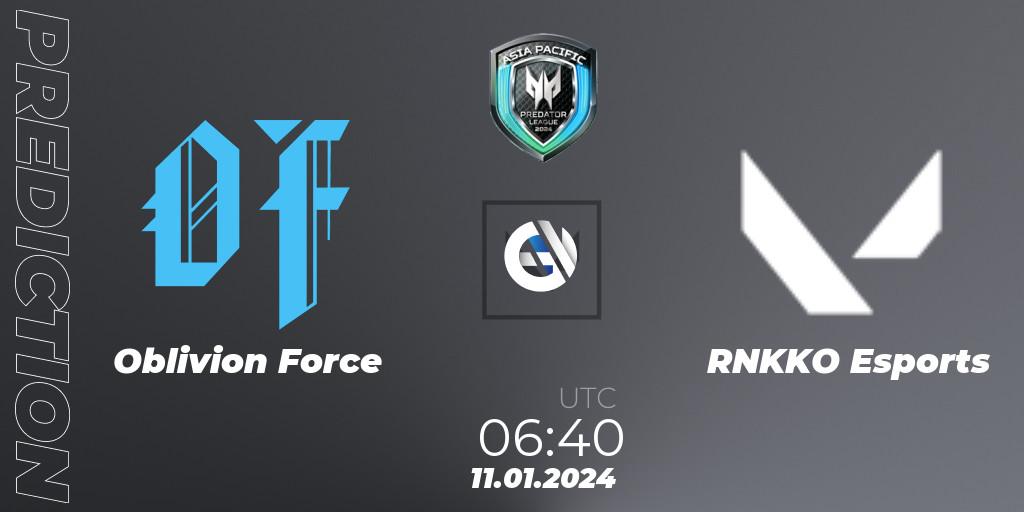 Oblivion Force - RNKKO Esports: Maç tahminleri. 11.01.2024 at 06:40, VALORANT, Asia Pacific Predator League 2024