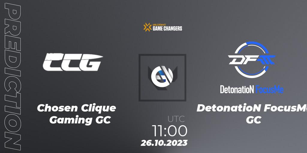 Chosen Clique Gaming GC - DetonatioN FocusMe GC: Maç tahminleri. 26.10.2023 at 11:00, VALORANT, VCT 2023: Game Changers East Asia
