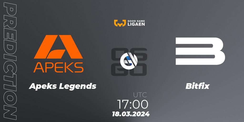Apeks Legends - Bitfix: Maç tahminleri. 18.03.24, CS2 (CS:GO), Good Game-ligaen Spring 2024