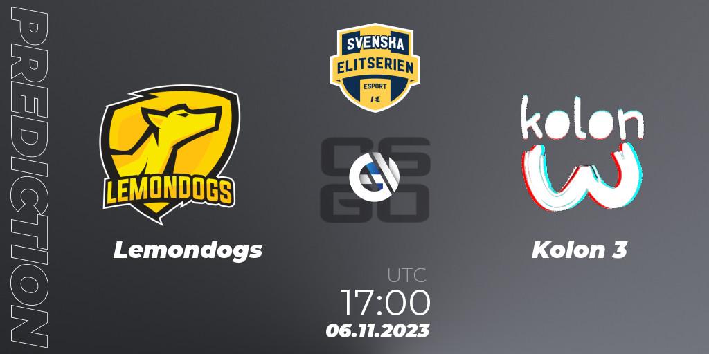 Lemondogs - Kolon 3: Maç tahminleri. 06.11.2023 at 17:00, Counter-Strike (CS2), Svenska Elitserien Fall 2023: Online Stage