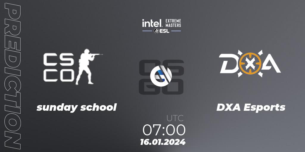 sunday school - DXA Esports: Maç tahminleri. 16.01.2024 at 07:40, Counter-Strike (CS2), Intel Extreme Masters China 2024: Oceanic Open Qualifier #1