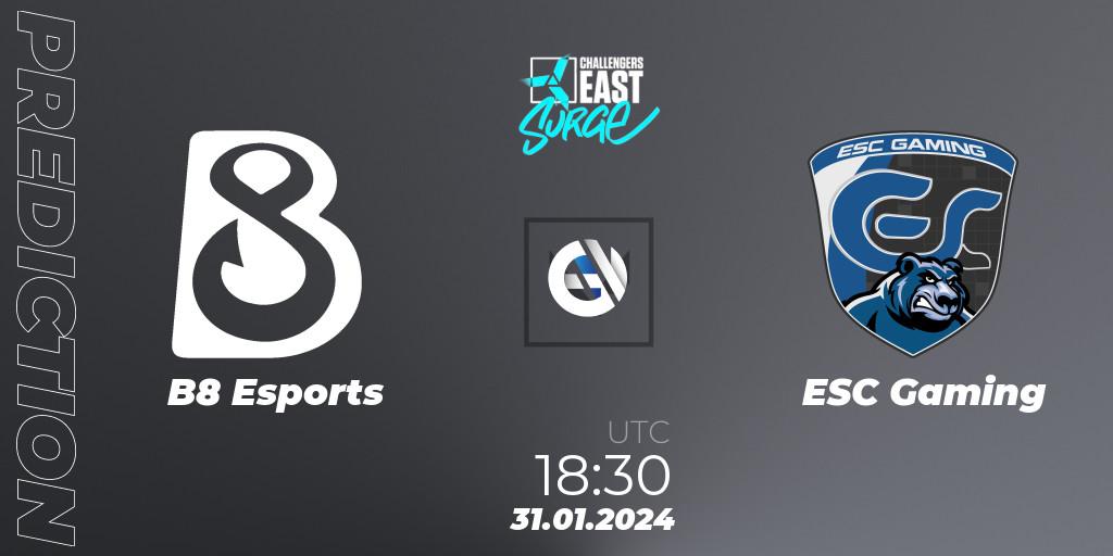 B8 Esports - ESC Gaming: Maç tahminleri. 31.01.2024 at 18:30, VALORANT, VALORANT Challengers 2024 East: Surge Split 1