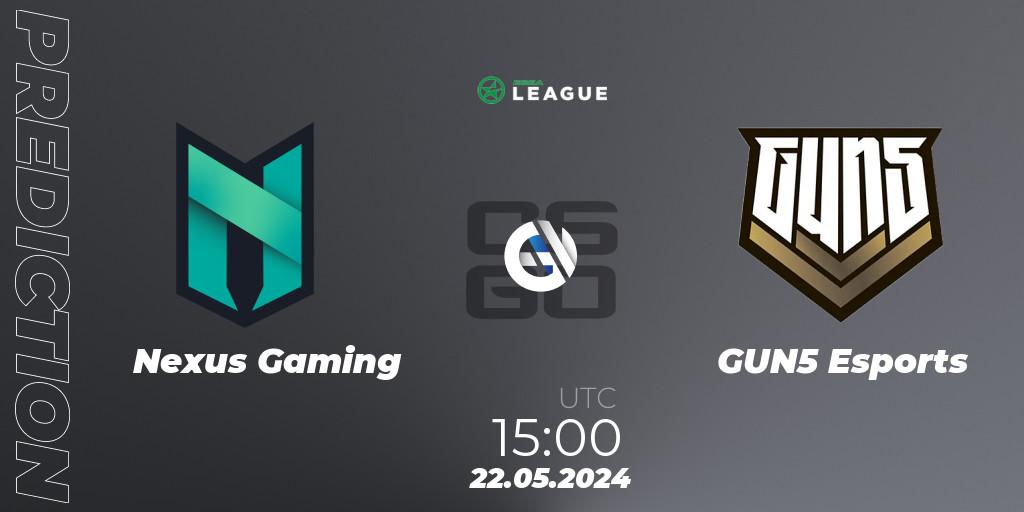 Nexus Gaming - GUN5 Esports: Maç tahminleri. 22.05.2024 at 15:00, Counter-Strike (CS2), ESEA Season 49: Advanced Division - Europe