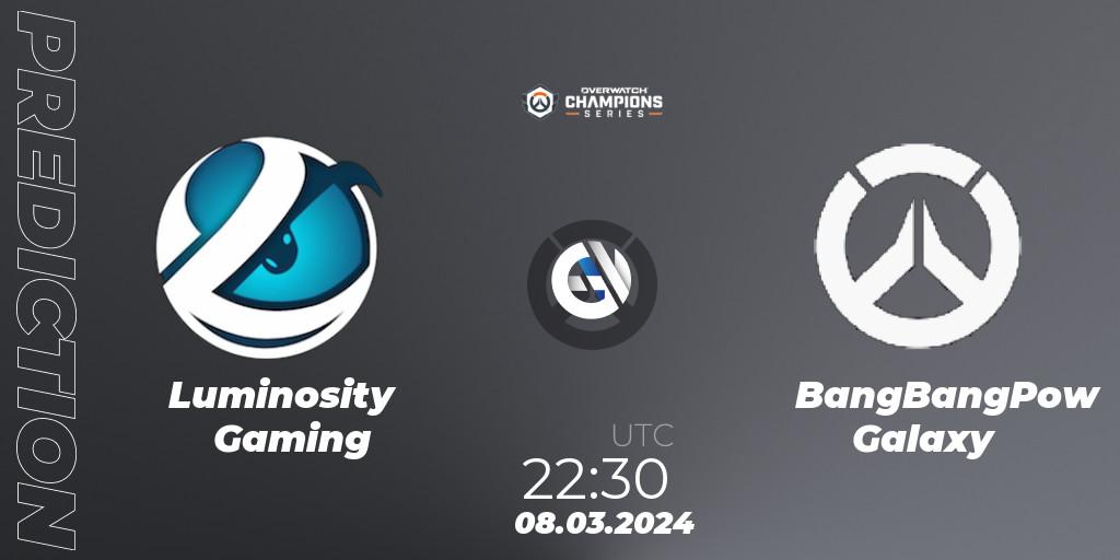 Luminosity Gaming - BangBangPow Galaxy: Maç tahminleri. 08.03.2024 at 22:30, Overwatch, Overwatch Champions Series 2024 - North America Stage 1 Group Stage