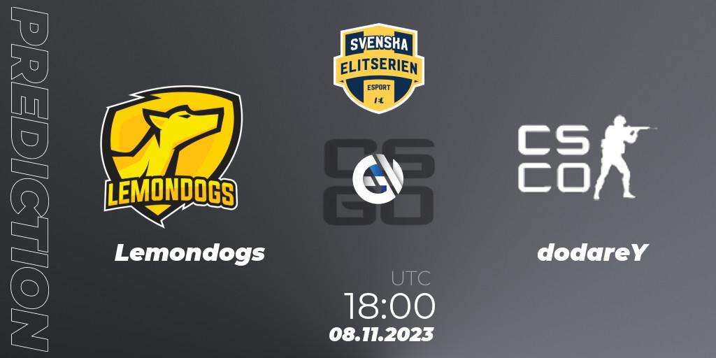 Lemondogs - dodareY: Maç tahminleri. 08.11.2023 at 18:00, Counter-Strike (CS2), Svenska Elitserien Fall 2023: Online Stage