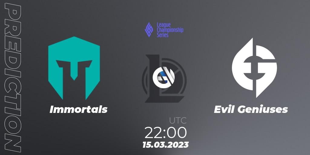 Immortals - Evil Geniuses: Maç tahminleri. 17.02.2023 at 23:00, LoL, LCS Spring 2023 - Group Stage
