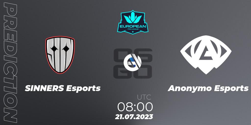 SINNERS Esports - Anonymo Esports: Maç tahminleri. 21.07.2023 at 08:00, Counter-Strike (CS2), European Pro League Season 9