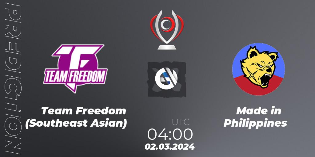 Team Freedom (Southeast Asian) - Made in Philippines: Maç tahminleri. 02.03.2024 at 04:05, Dota 2, Opus League