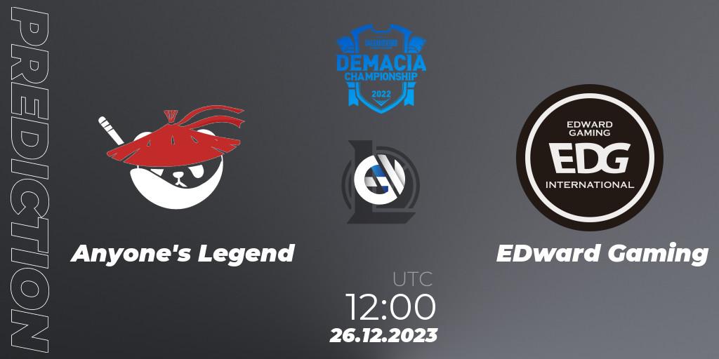 Anyone's Legend - EDward Gaming: Maç tahminleri. 26.12.23, LoL, Demacia Cup 2023 Group Stage