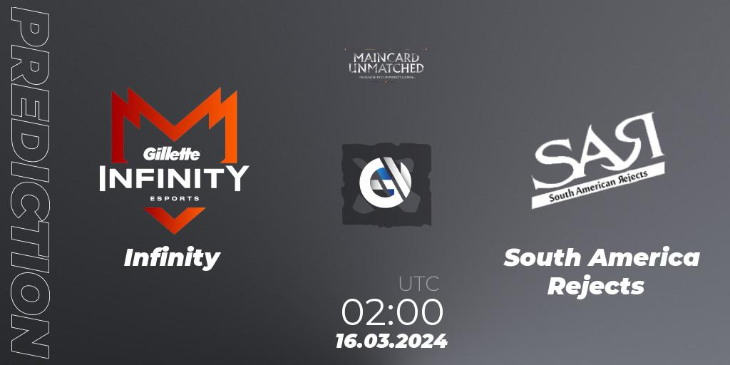 Infinity - South America Rejects: Maç tahminleri. 14.03.2024 at 22:00, Dota 2, Maincard Unmatched - March