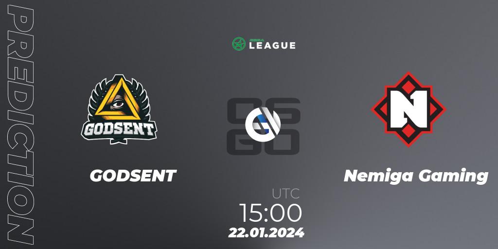 GODSENT - Nemiga Gaming: Maç tahminleri. 24.01.2024 at 15:00, Counter-Strike (CS2), ESEA Season 48: Advanced Division - Europe
