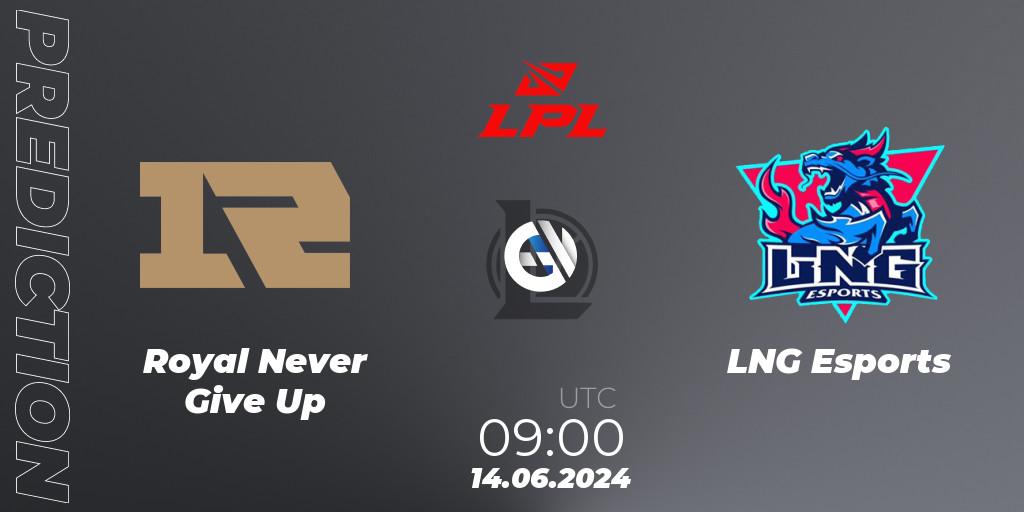 Royal Never Give Up - LNG Esports: Maç tahminleri. 14.06.2024 at 09:00, LoL, LPL 2024 Summer - Group Stage