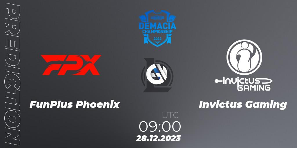 FunPlus Phoenix - Invictus Gaming: Maç tahminleri. 28.12.2023 at 08:00, LoL, Demacia Cup 2023 Group Stage