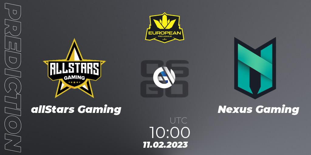 allStars Gaming - Nexus Gaming: Maç tahminleri. 11.02.2023 at 10:00, Counter-Strike (CS2), European Pro League Season 6: Division 2