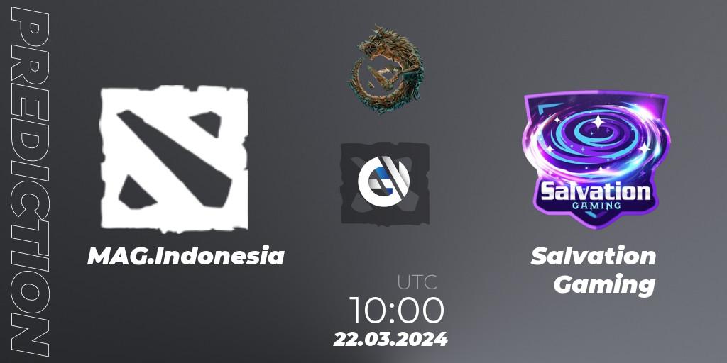 MAG.Indonesia - Salvation Gaming: Maç tahminleri. 22.03.2024 at 10:00, Dota 2, PGL Wallachia Season 1: Southeast Asia Open Qualifier #1