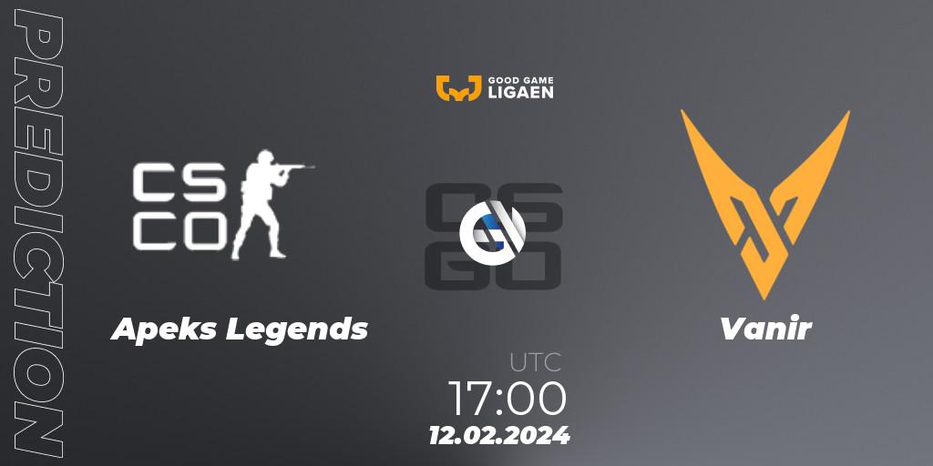 Apeks Legends - Vanir: Maç tahminleri. 12.02.2024 at 17:00, Counter-Strike (CS2), Good Game-ligaen Spring 2024
