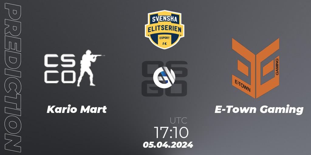 Kario Mart - E-Town Gaming: Maç tahminleri. 05.04.2024 at 17:10, Counter-Strike (CS2), Svenska Elitserien Spring 2024