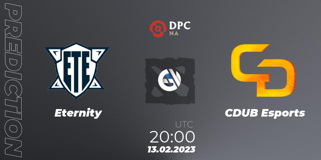 Eternity - CDUB Esports: Maç tahminleri. 13.02.2023 at 19:54, Dota 2, DPC 2022/2023 Winter Tour 1: NA Division II (Lower)