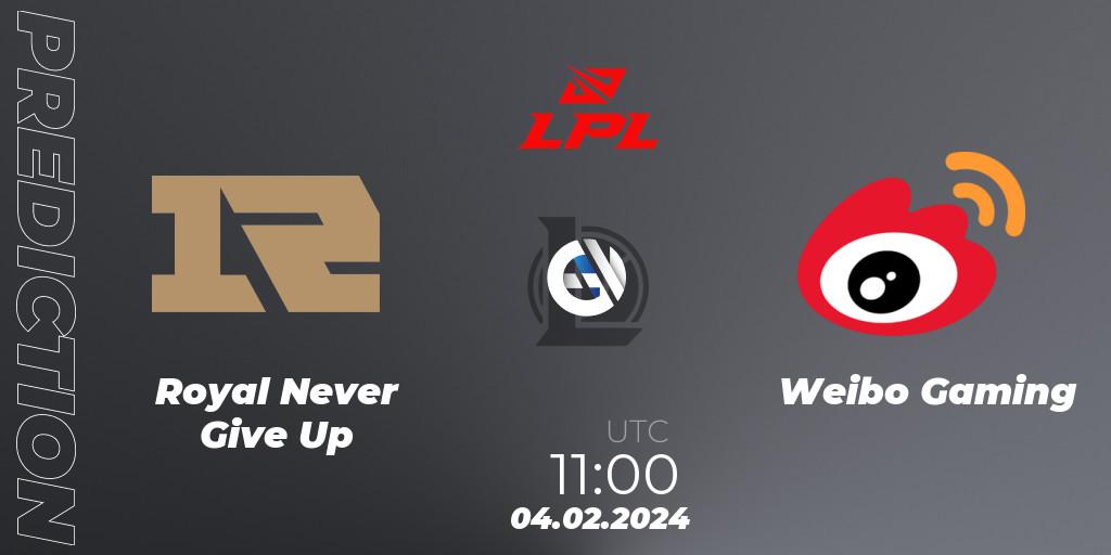 Royal Never Give Up - Weibo Gaming: Maç tahminleri. 04.02.2024 at 11:00, LoL, LPL Spring 2024 - Group Stage