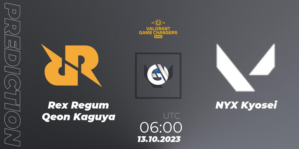 Rex Regum Qeon Kaguya - NYX Kyosei: Maç tahminleri. 13.10.2023 at 12:00, VALORANT, VCT 2023: Game Changers APAC Elite