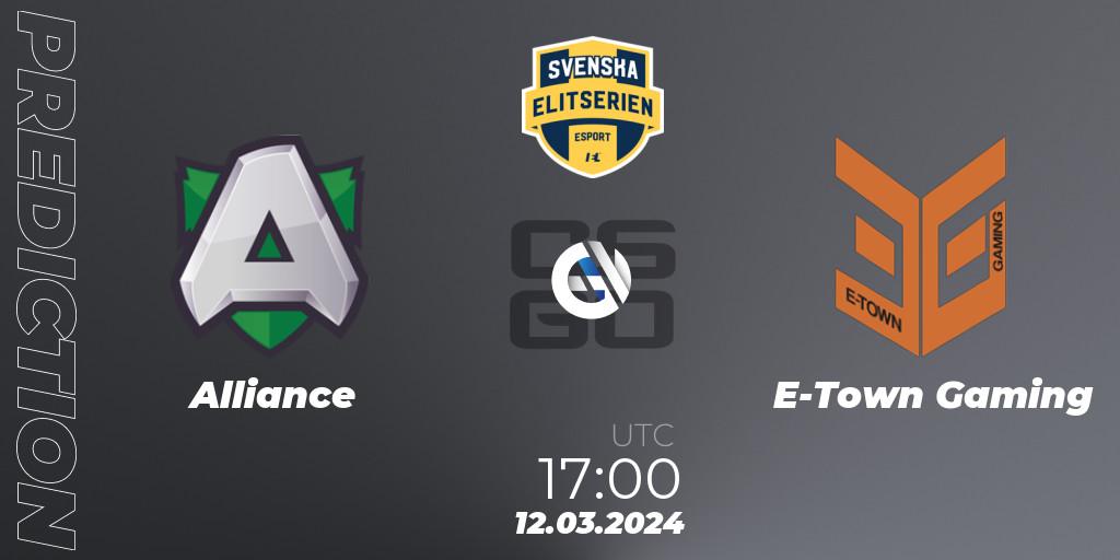 Alliance - E-Town Gaming: Maç tahminleri. 14.03.2024 at 19:10, Counter-Strike (CS2), Svenska Elitserien Spring 2024