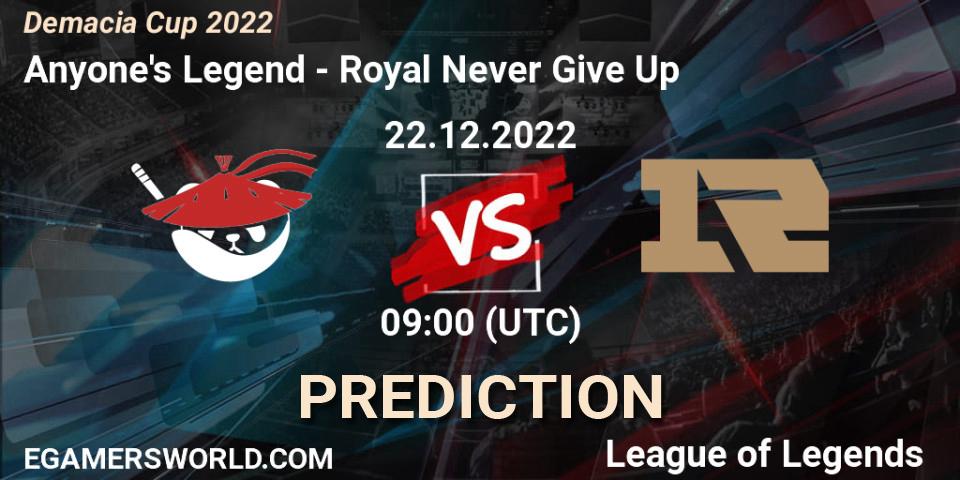 Anyone's Legend - Royal Never Give Up: Maç tahminleri. 22.12.22, LoL, Demacia Cup 2022